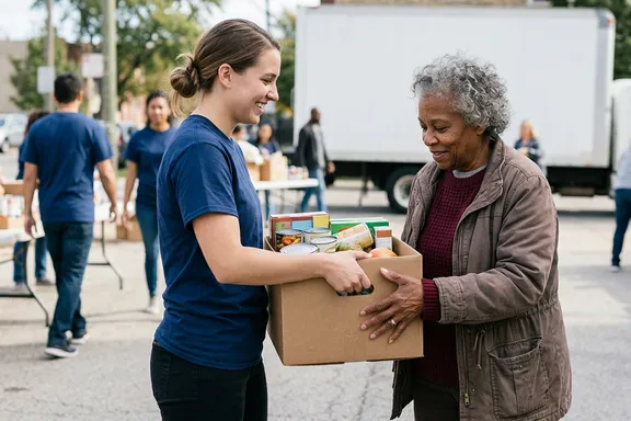 Chicago Area Movers crew member handing a box to a community member