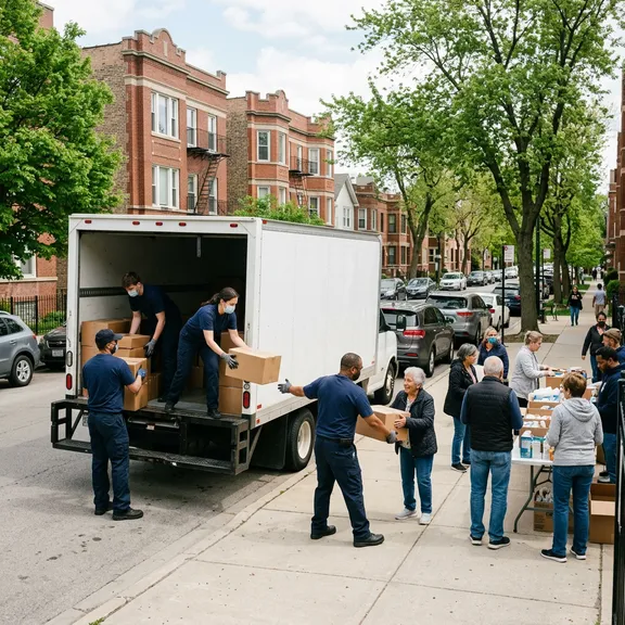 Chicago Area Movers crew loading donation boxes into a truck alongside volunteers