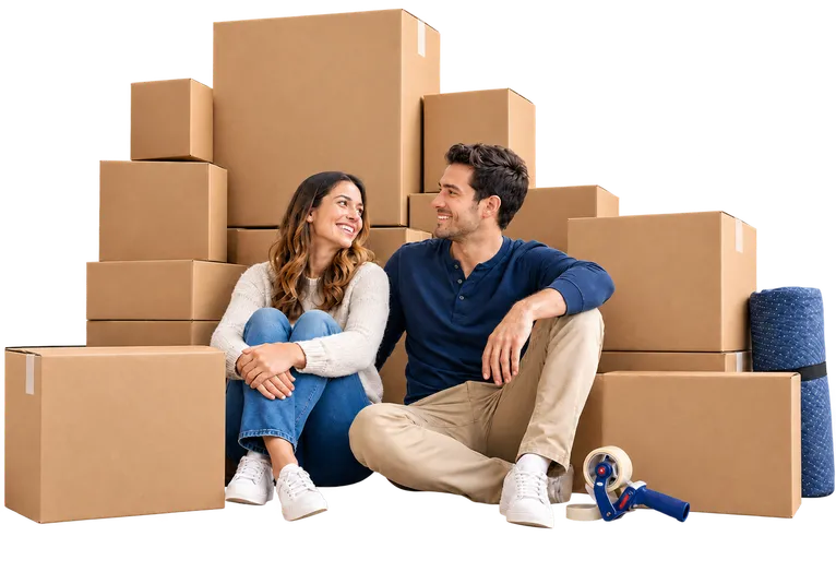 Happy couple sitting with moving boxes
