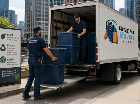 Movers loading a rental truck with totes