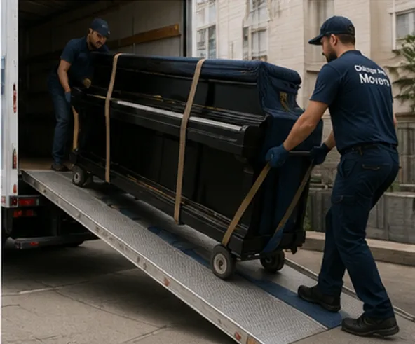 Movers carefully transporting a refrigerator