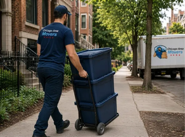 A mover pushing a dolly stacked with totes down a tree-lined Chicago sidewalk