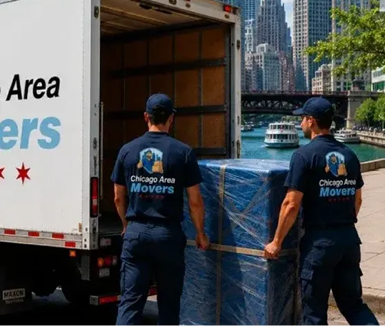Movers handling a piano during a Chicago move