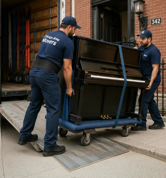 Movers carrying an upright piano into a moving truck