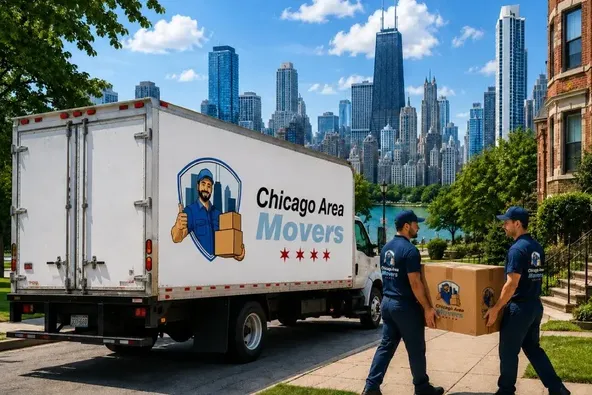 Chicago Area Movers truck being unloaded in front of the Chicago skyline