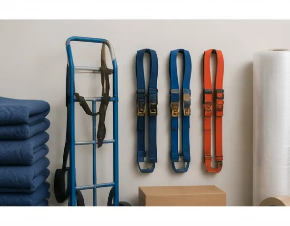 Moving blankets and tie-down straps hanging in a storage area