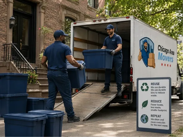Reusable moving bins staged for delivery to a Chicago home
