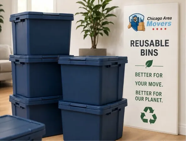 Reusable plastic moving bins ready for a Chicago move