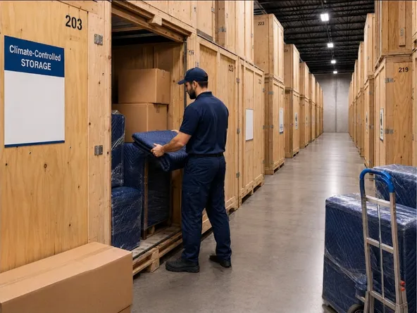 Boxes and furniture in a climate-controlled storage facility