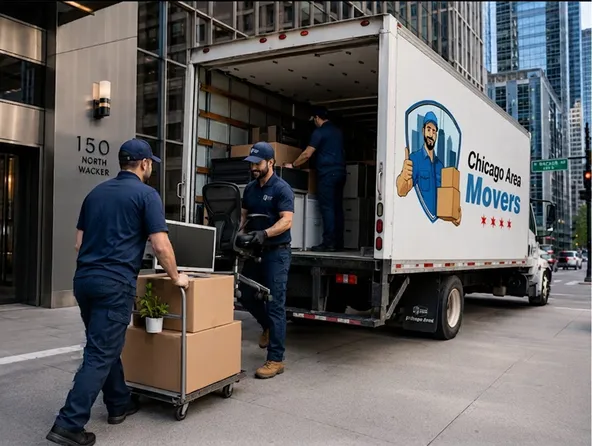 Chicago Area Movers crew loading boxes into a truck outside a downtown building