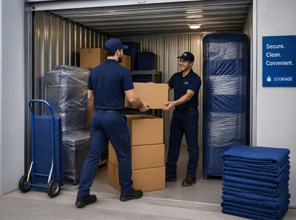 Movers loading blanket-wrapped furniture and boxes into a storage unit