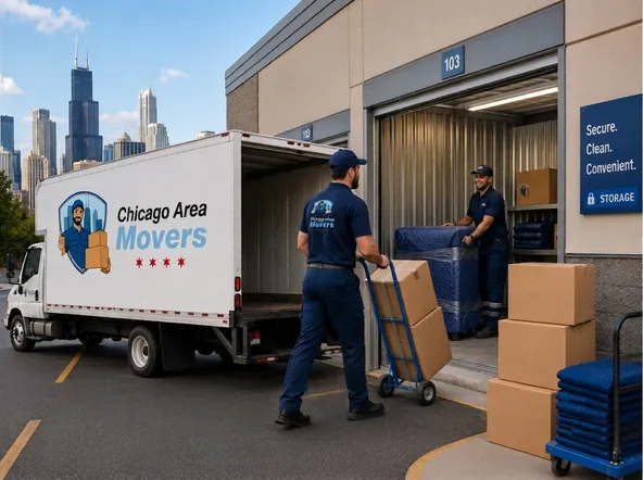 Boxes and furniture in secure storage between two move dates