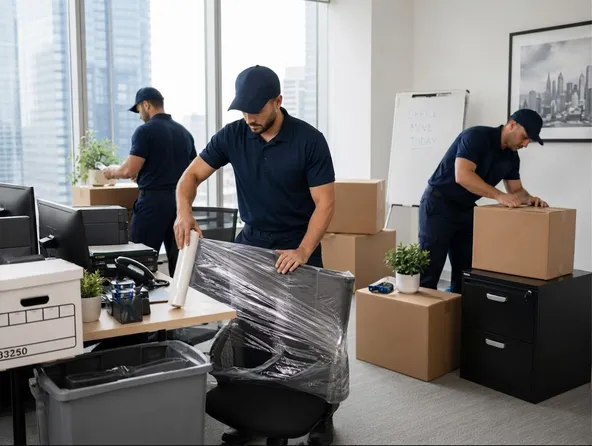 Movers wrapping office furniture in plastic inside an office