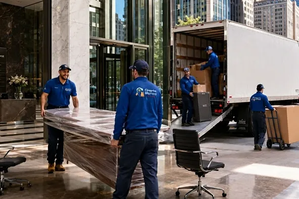 Chicago Area Movers crew loading equipment into a truck outside a downtown building