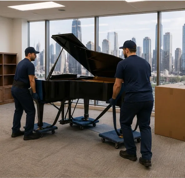 Movers carrying a grand piano past a Chicago skyline window
